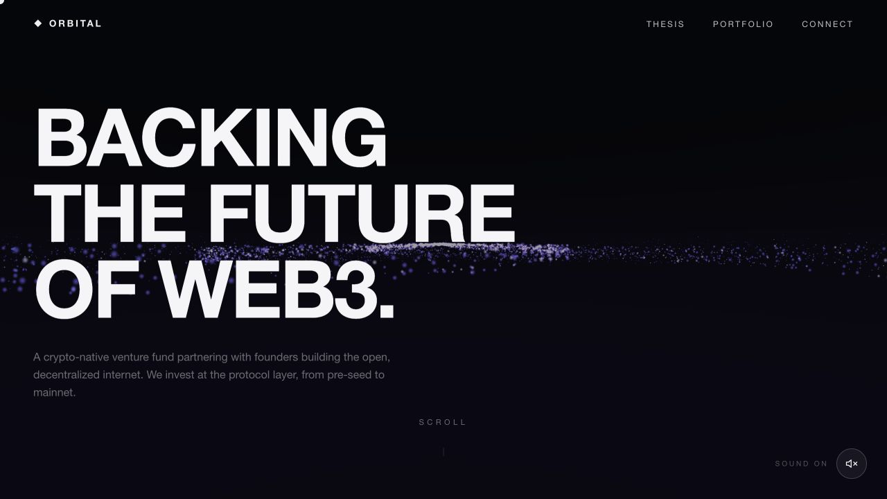 Orbital Ventures website with bold white typography and a purple particle ribbon